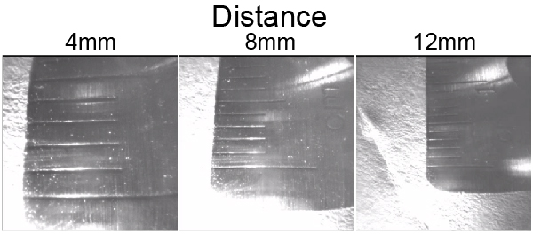 Camera imaging profile at 4 mm, 8 mm, and 12 mm working distances