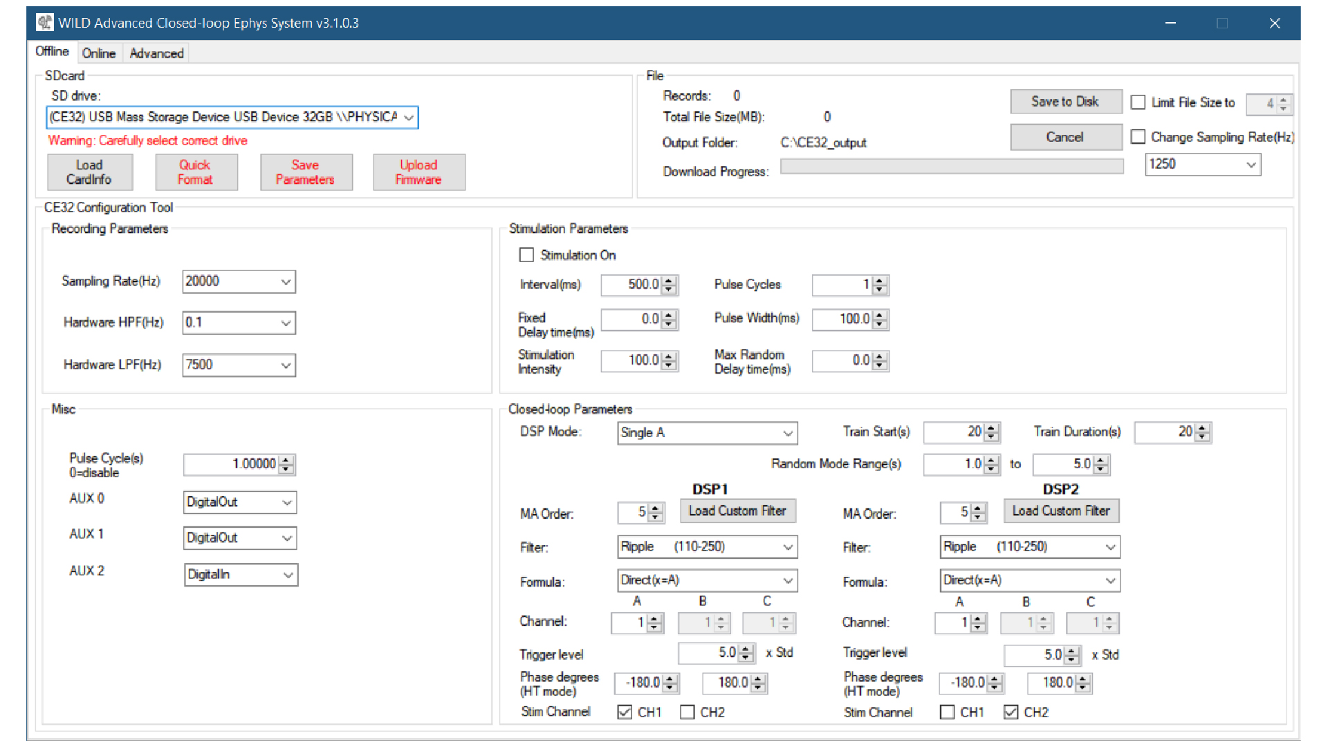WILD_console runtime screenshot of the offline export workflow