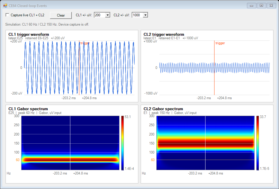 CL events viewer with simulated 60 Hz and 150 Hz waveforms